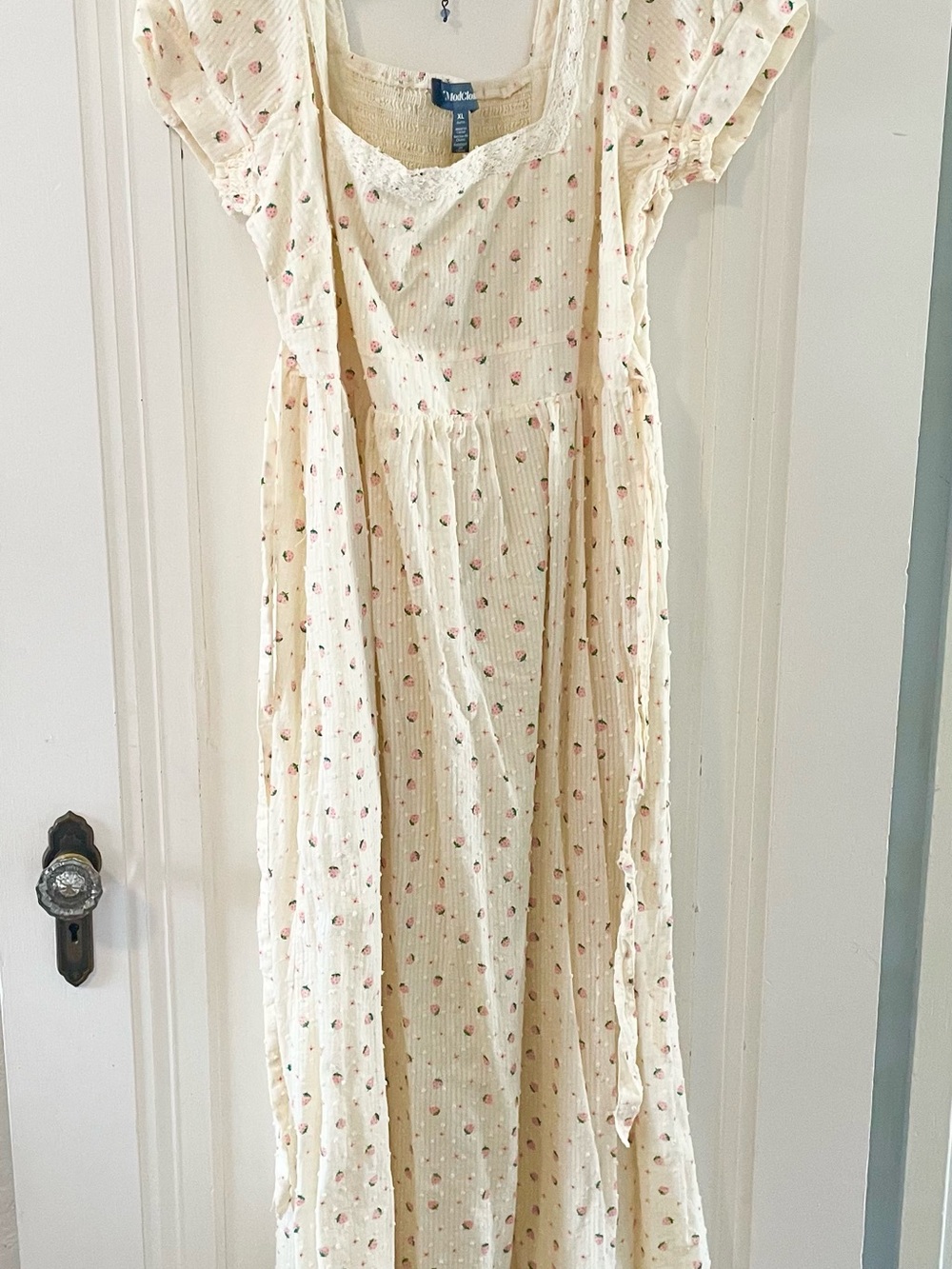 Modcloth Cream strawberry  print Maxi Dress